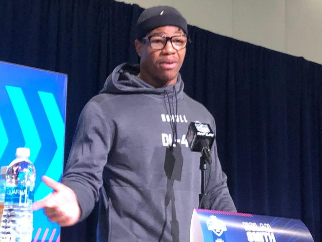 Outside linebacker Nolan Smith from Georgia speaks about his late teammate, Devin Willock, at the NFL combine in March 1, 2023 in Indianapolis