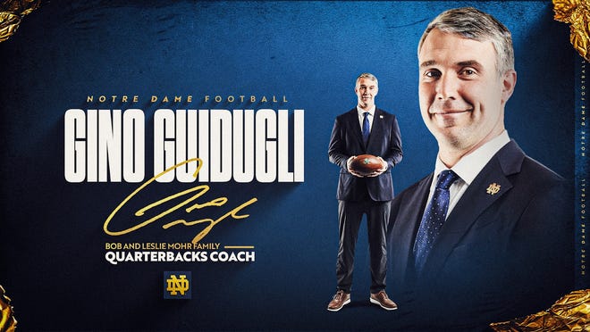 Notre Dame announced the hiring of Gino Guidugli as its next quarterbacks coach on Wednesday, March 1, 2023.