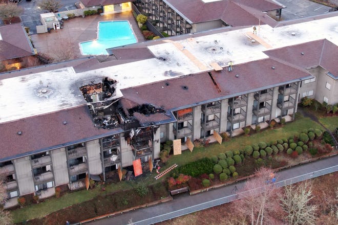 An aerial photo captured from drone footage shows the aftermath of the fire that damaged a portion of the Valley River Inn in Eugene, Oregon, on Feb. 28, 2023.