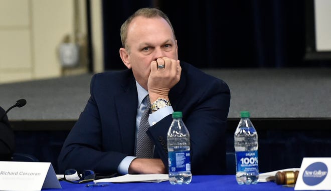 Richard Corcoran the new interim president of New College of Florida was not welcomed by the majority of students and adult speakers. THOMAS BENDER/HERALD-TRIBUNE