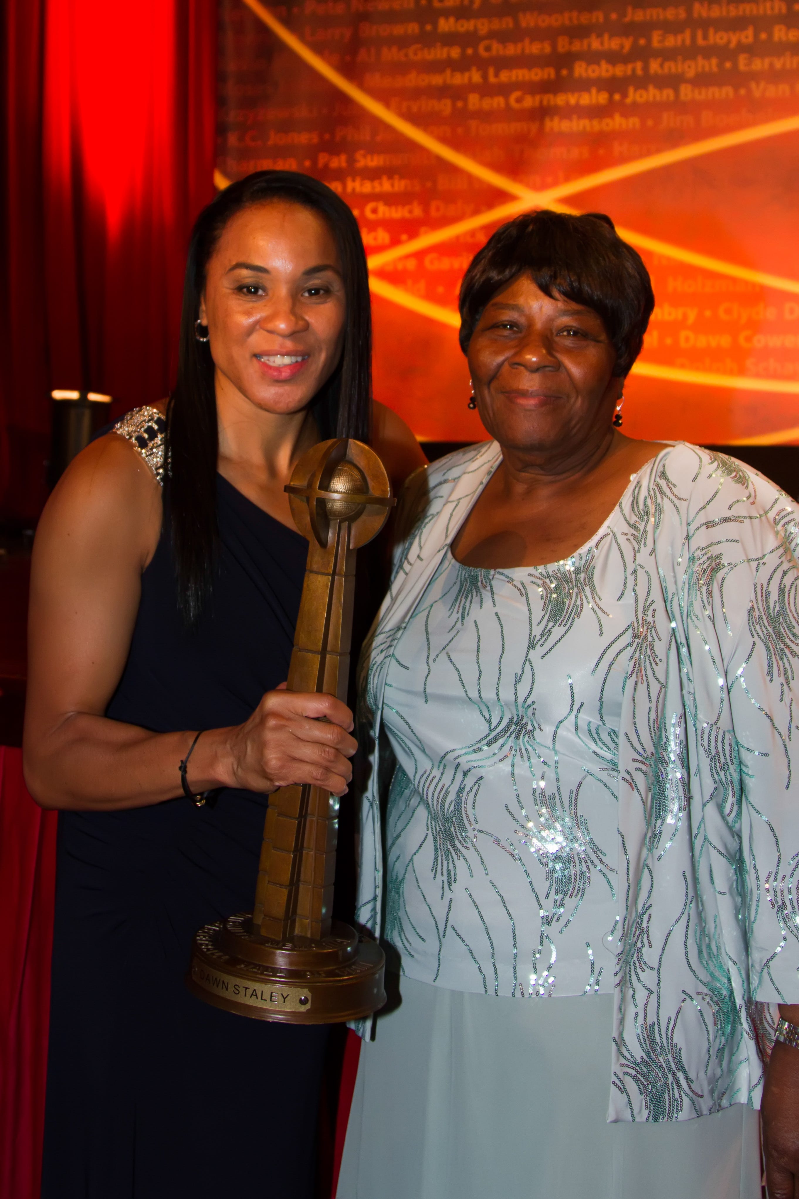 Dawn Staley and her mother, Estelle Staley, at the 2013 Naismith Hall of Fame induction. Estelle Staley  was a South Carolina native who moved home when her daughter took over the Gamecocks program in 2008.