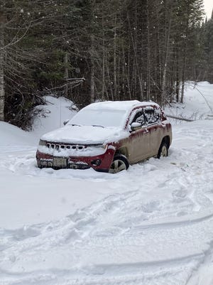 The Jeep Compass owned by Kimberly Pushard. Pushard and another woman, Angela Bussell, were stuck in the vehicle for days until officials found them near Nicatous Lake in Maine.