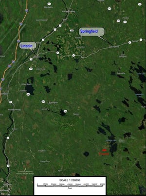 A map showing where Kimberly Pushard and Angela Bussell were lost and then found in February 2023. The women were stuck in a vehicle for days until officials found them near Nicatous Lake in Maine.