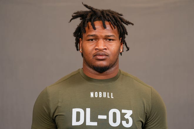 Georgia defensive lineman Jalen Carter poses for a portrait at the NFL football Combine on Tuesday, Feb. 28, 2023 in Indianapolis. (AJ Mast/AP Images for the NFL)