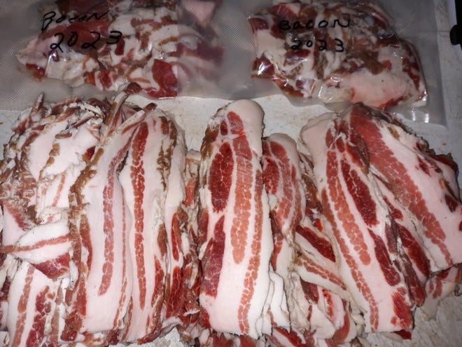 The finished bacon product from a recent hog butchering. The bacon soaked in a brine, then got frozen and sliced.
