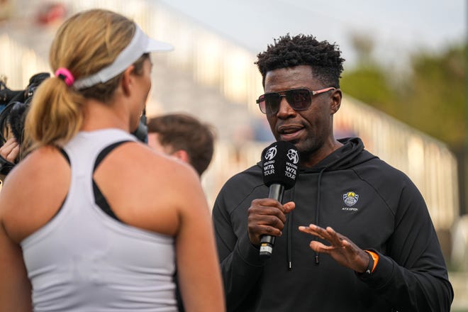 ATX Open emcee Kondo Simfukwe interviews Danielle Collins on the court after her round of 16 victory Thursday evening. Simfukwe, a pastor from Indiana, has been on the mic all week for the WTA event at Westwood Country Club.