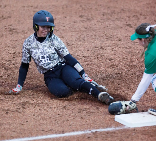 Texas Tech’s Alanna Barraza (56) is tagged out at second in the third inning of a nonconference game against North Dakota on Thursday, March 2, 2023 during the Jeannine McHaney Memorial Classic held at Rocky Johnson Field in Lubbock, Texas.