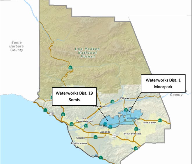 This map shows the location of Ventura County Waterworks 
Districts 1 and 19, which provide water to Moorpark and Somis communities.