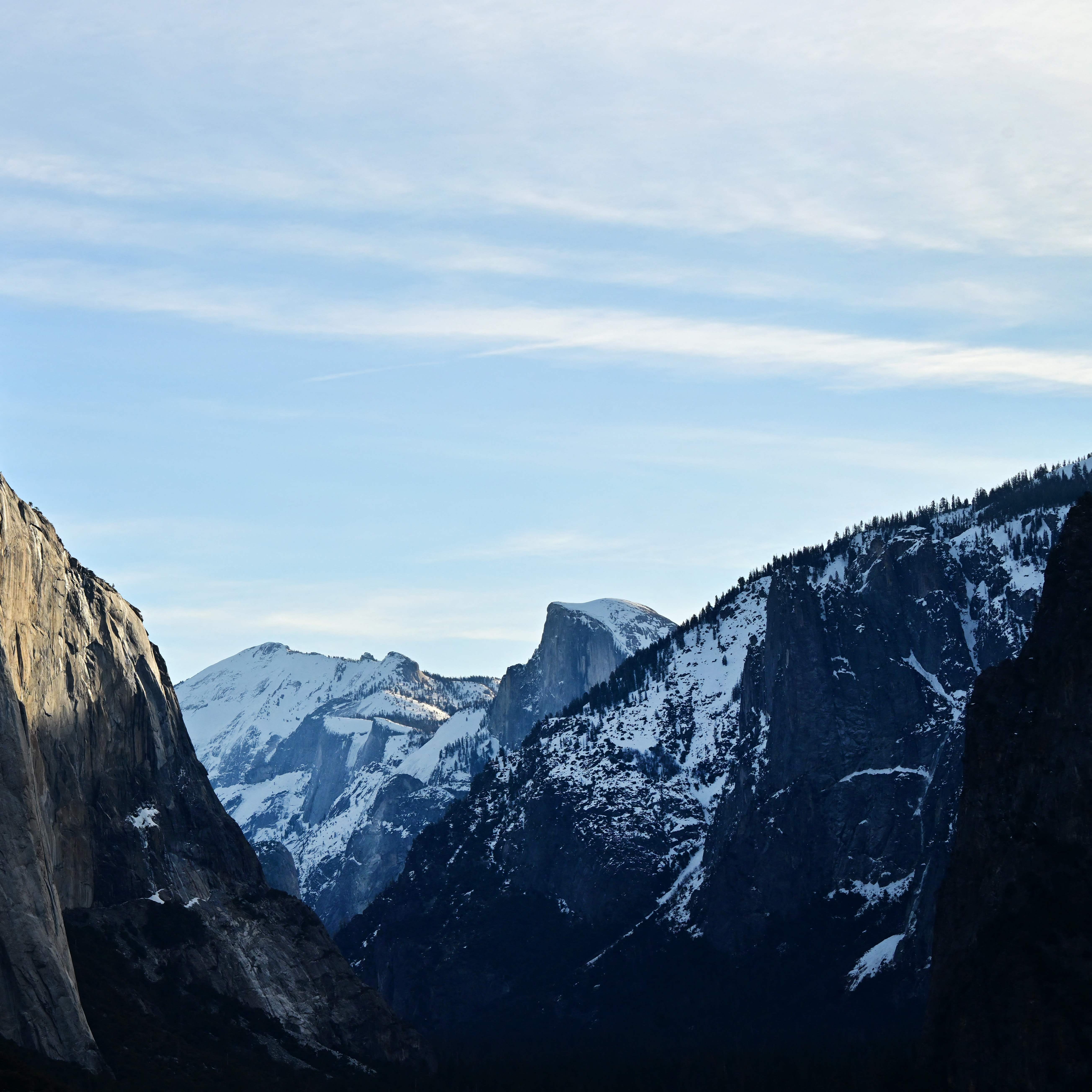 The view of Yosemite National Park's famed landmarks El Capitan (L) and Half Dome (R) is seen from Tunnel View on Feb. 16, 2023.