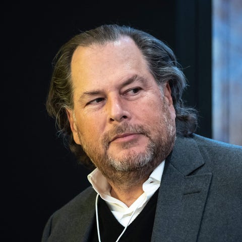 Salesforce CEO Marc Benioff attends a session at t