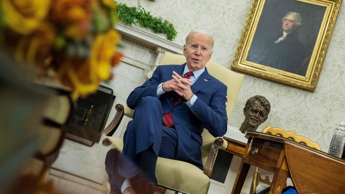 US President Joe Biden speaks during a meeting with German Chancellor Olaf Scholz in the Oval Office of the White House in Washington, DC, on March 3, 2023. (Photo by Andrew Caballero-Reynolds / AFP) (Photo by ANDREW CABALLERO-REYNOLDS/AFP via Getty Images) ORIG FILE ID: AFP_33AG6ZF.jpg