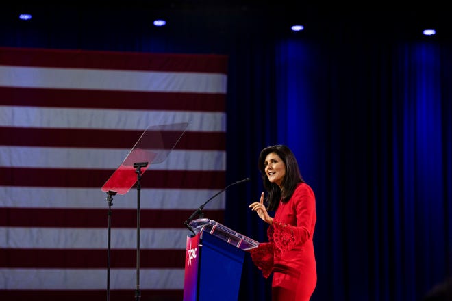 Nikki Haley, the former South Carolina governor, speaks at the Conservative Political Action Conference in National Harbor, Md., on Friday, March 3, 2023. (Haiyun Jiang/The New York Times)