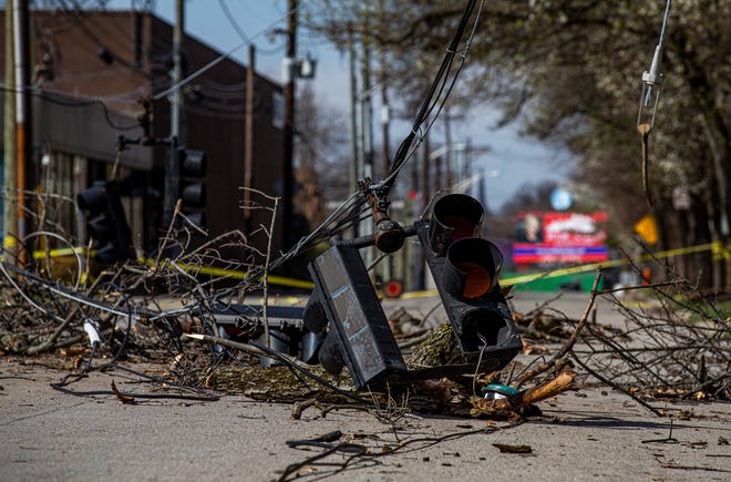 Barrett Ave. near the intersection of St. Anthony Pl. in the Germantown neighborhood remained closed to traffic on Saturday afternoon, the day after storms blew through the area which left thousands without power. Mar. 4, 2023