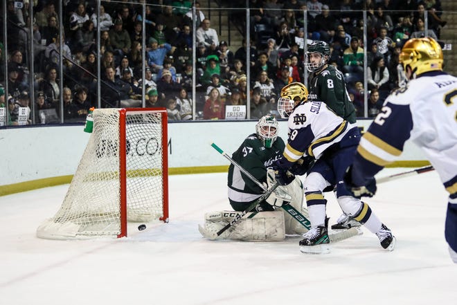 Notre Dame forward Grant Silianoff scores in the second period against Michigan State. Silianoff's goal was the only one scored in a 1-0 Notre Dame win.