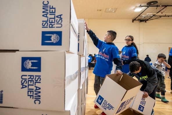 Volunteers for Islamic Relief USA gather at Al-Ghazaly High School in Wayne, NJ on Saturday, March 4, 2023 to pack boxes of food to combat food insecurity.