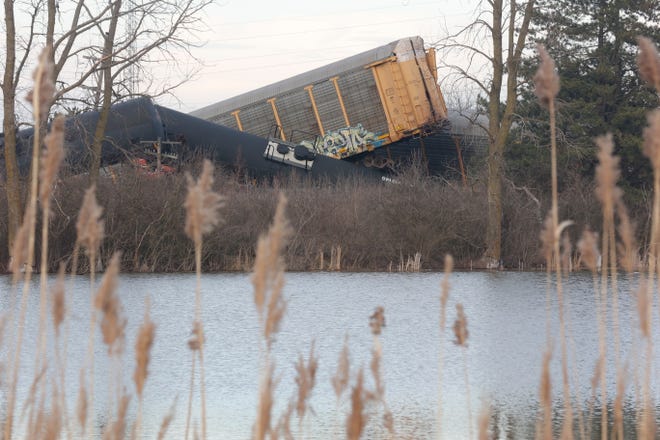 March 4, 2023; Springfield, OH, U.S.; About 20 cars of a Norfolk Southern cargo train derailed near Springfield around 5 p.m. by State Route 41, close to the Clark County Fairgrounds, on Saturday evening. There have been no reported injuries and no hazardous materials were aboard the train, Mandatory Credit: Bill Lackey/Springfield News-Sun