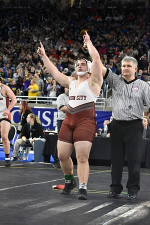 Union City's Grady Iobe brought home the D4 state championship at 215 pounds on Saturday.