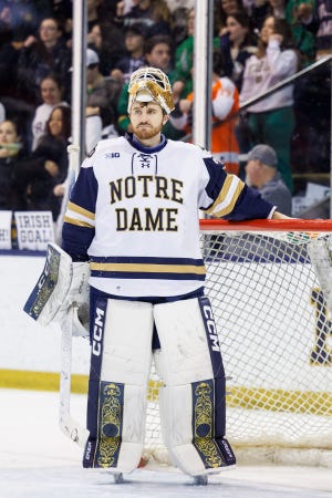 Notre Dame goaltender Ryan Bischel (30) during the Michigan State-Notre Dame NCAA hockey game on Saturday, March 04, 2023, at Compton Family Ice Arena in South Bend, Indiana.