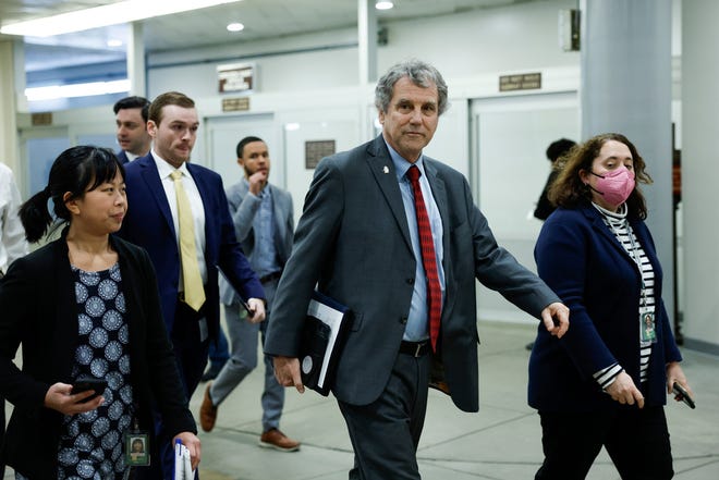 Sen. Sherrod Brown, D-Ohio walks to a closed-door, classified briefing for Senators at U.S. Capitol Building on February 14, 2023 in Washington, DC.