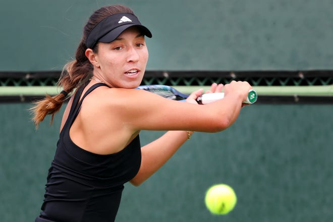 Jessica Pegula practices on day one of the BNP Paribas Open at the Indian Wells Tennis Garden in Indian Wells, Calif., on Monday, March 6, 2023. 