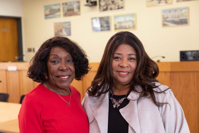 Asbury Park Councilwomen Yvonne Clayton and Angela Ahbez-Anderson in Asbury Park meeting room on March 7, 2023