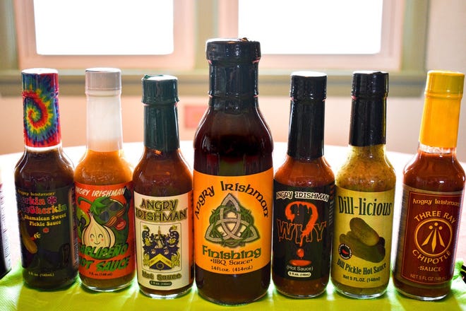 Shown here are just a few of the varieties in the Angry Irishman line of hot sauce, mustard and rubs.