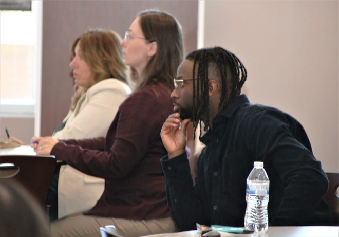 Members from a variety of local agencies attended the state of behavioral health meeting hosted by the Crawford-Marion ADAMH Board on Tuesday, March 7, 2023, at The Ohio State University at Marion. Pictured are, from front to back, Ide Okojie, director of policy and planning for Marion Public Health; Whitney Mahle, manager at the Marion Public Library; and Leslie Schneider, resource development director for United Way of North Central Ohio.