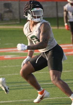 Florida A&M linebacker Isaiah Major (0) goes through drills during the first day of spring training at Bragg Memorial Stadium in Tallahassee, Florida on Tuesday March 7, 2023