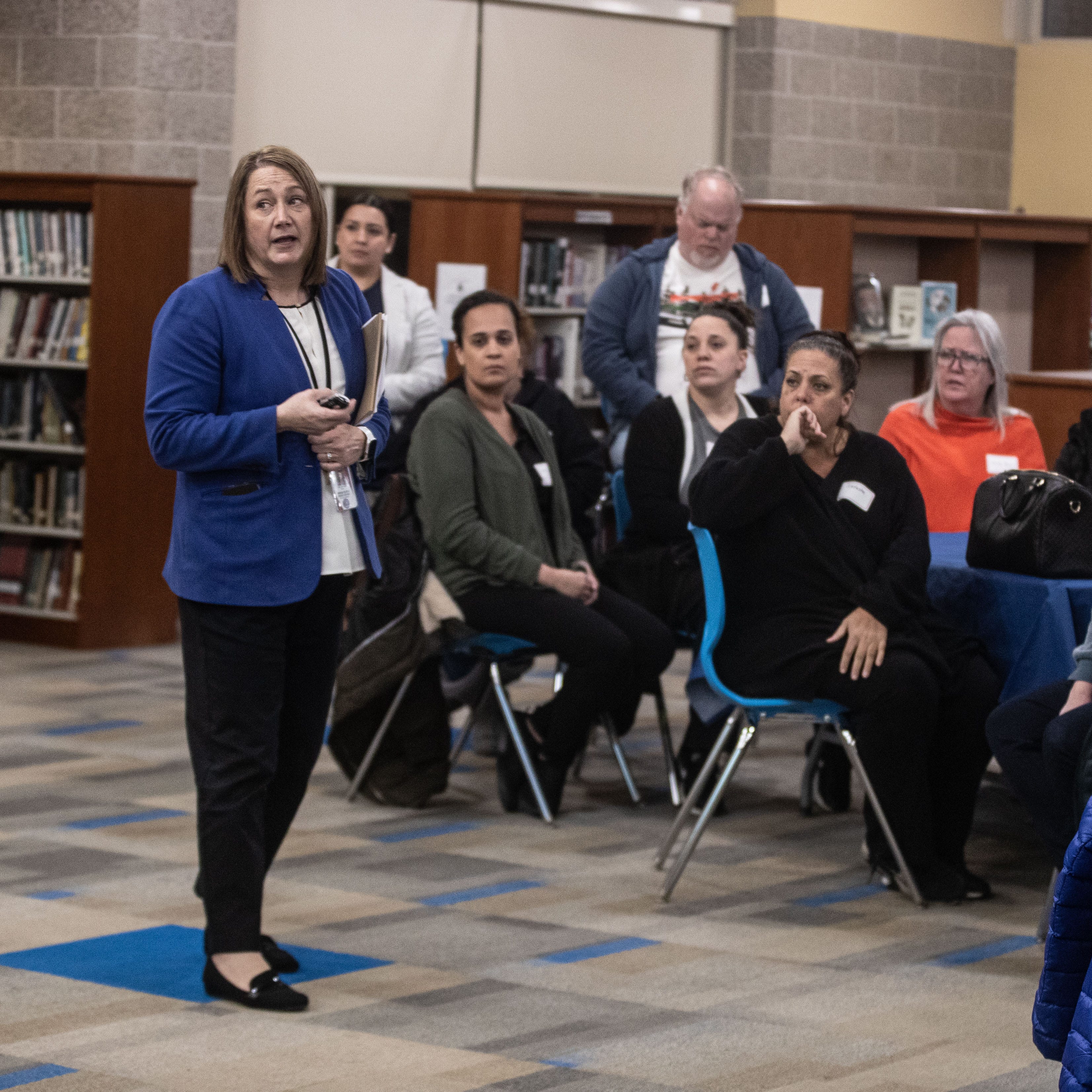 Mary-Margaret Zehr, superintendent of the Carmel Central School District, leads a forum at Carmel High School March 6, 2023 after several high school students produced a a series of TikTok videos with racist language and threats of gun violence. Parents, school administrators, and members of the Putnam County Sheriffs Department attended the forum. 