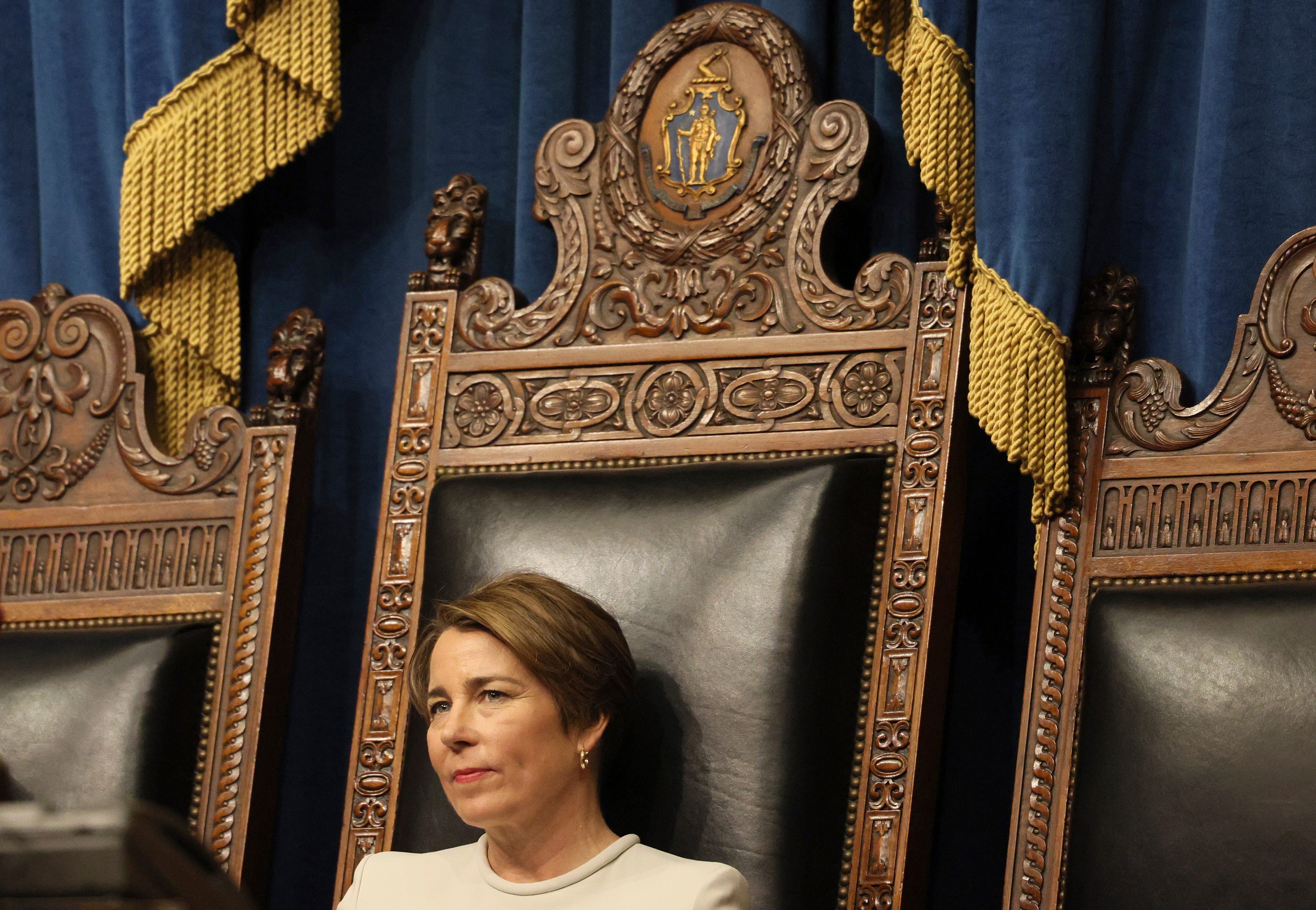 Massachusetts Gov.-elect Maura Healey sits in the House chambers in Boston before being sworn in Jan. 5, 2023.