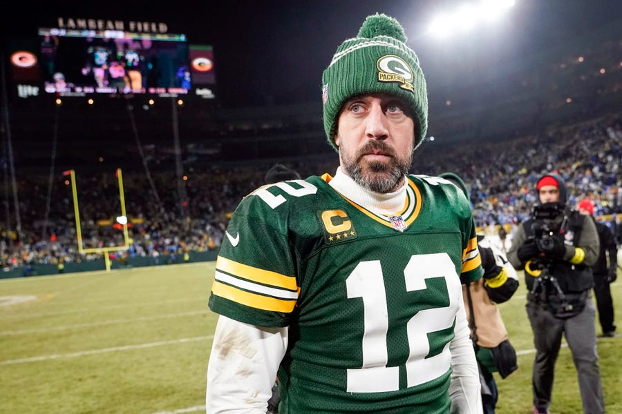 FILE - Green Bay Packers' Aaron Rodgers walks off the field after an NFL football game against the Detroit Lions, Sunday, Jan. 8, 2023, in Green Bay, Wis. Rodgers says he will make a decision on his future 