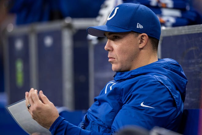 Indianapolis Colts special teams coordinator Bubba Ventrone sits on the sidelines during an NFL football game against the Las Vegas Raiders, Sunday, Jan. 2, 2022, in Indianapolis. (AP Photo/Zach Bolinger)
