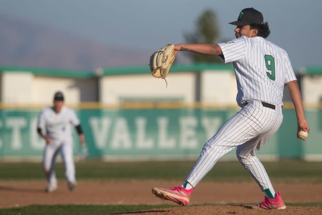 Victor Valley's Jose Santana delivers a pitch during the fifth inning against Oak Hills on Tuesday, March 7, 2023. Victor Valley defeated Oak Hills 6-5.