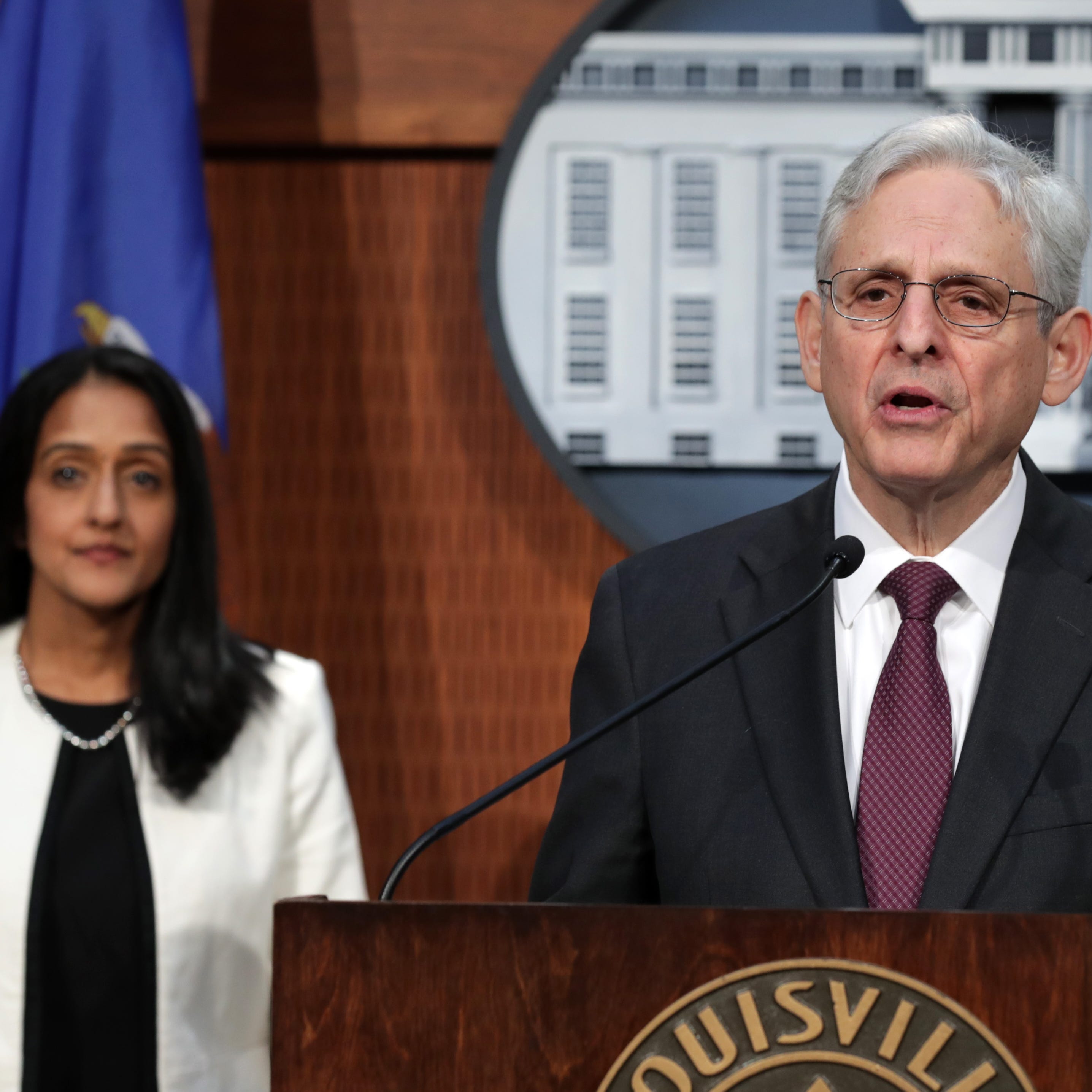 U.S. Attorney General Merrick Garland delivers the Department of Justice findings on the Investigation of the Louisville Metro Police Department and Louisville Metro Government, at Louisville Metro Hall on Wednesday, March 8, 2023. WIth Garland is Vanita Gupta, associate attorney general.