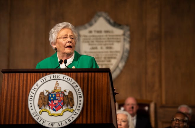 Gov. Kay Ivey speaks during the State of the State address at the Alabama State Capitol Building in Montgomery, Ala., on Tuesday, March 7, 2023.