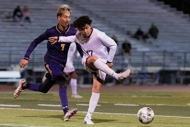 Andress' Isaiah Perez (17) at a District 1-5A boys soccer game against Burges Tuesday, March 7, 2023, at Burges High School in El Paso, Texas.