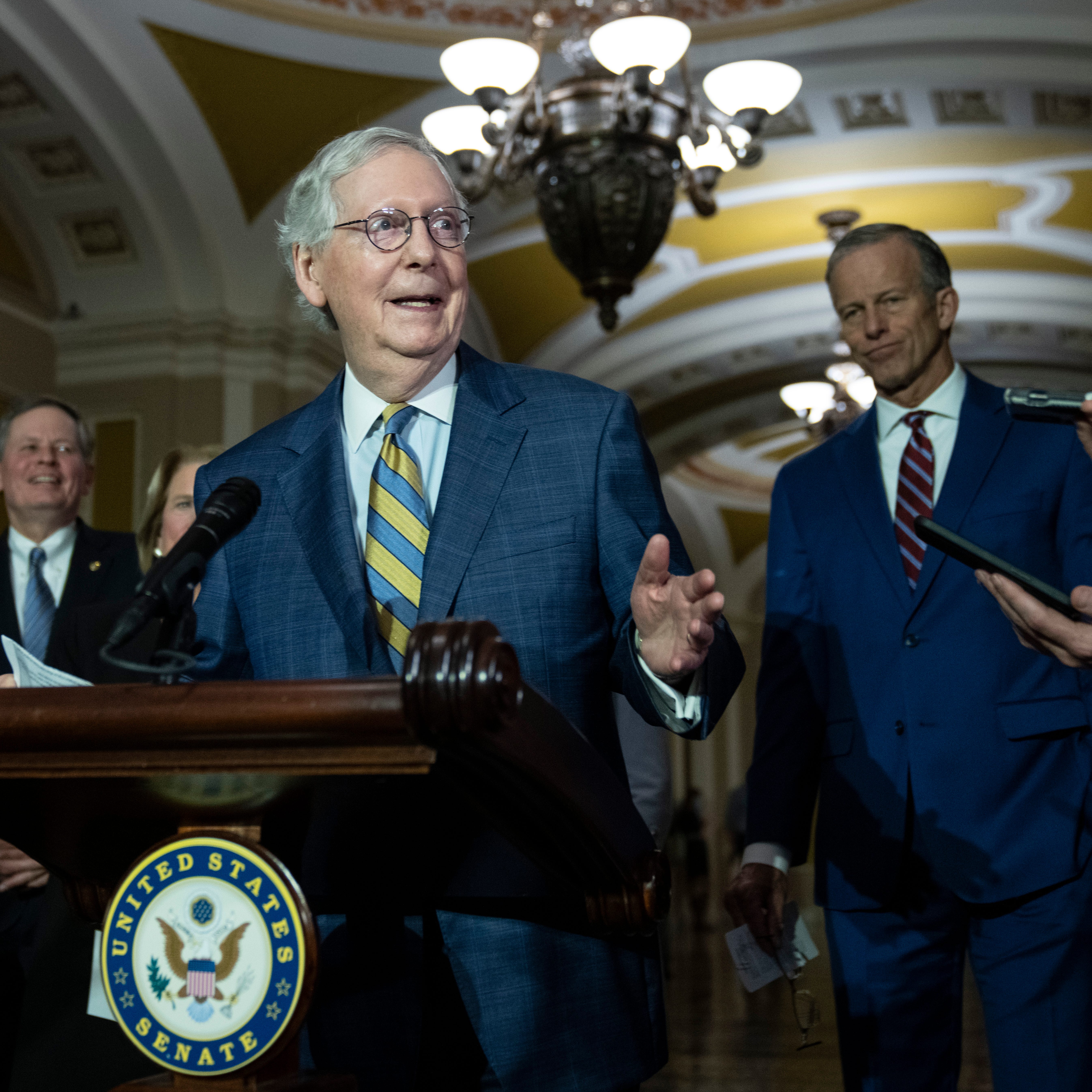 WASHINGTON, DC - MARCH 7: Senate Minority Leader Mitch McConnell (R-KY) speaks during a news conference at the U.S. Capitol on March 7, 2023 in Washington, DC. McConnell spoke on a range of issues after a closed-door lunch meeting with Senate Republicans.