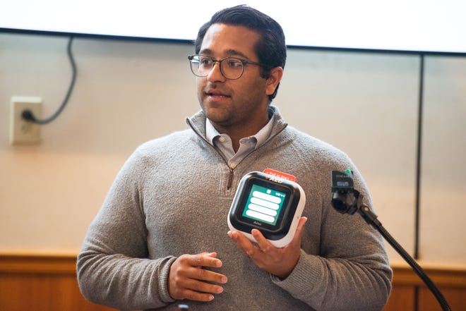 Avive Solutions CEO Sameer Jafri holds the company's AED that will be deployed later in the year during the announcement of the 4 Minute City Initiative in Jackson, Tenn. on Thursday, Mar. 9, 2023. Jackson, who's Sudden Cardiac Arrest survivability rate of 6%, will be the first city to receive Avive Solutions' AEDs.