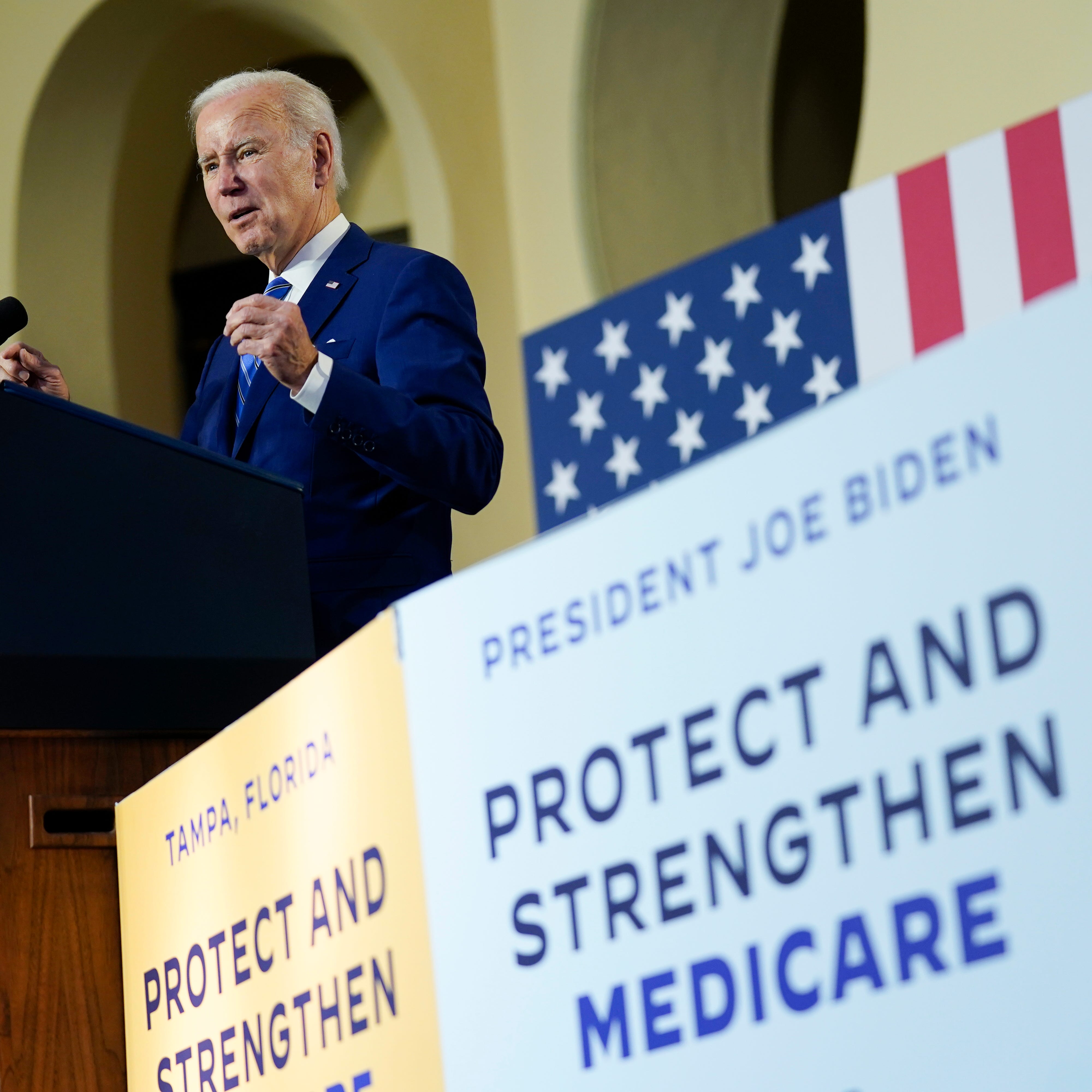President Joe Biden speaks about his administration's plans to protect Social Security and Medicare and lower healthcare costs, Feb. 9, 2023, at the University of Tampa in Tampa, Florida.