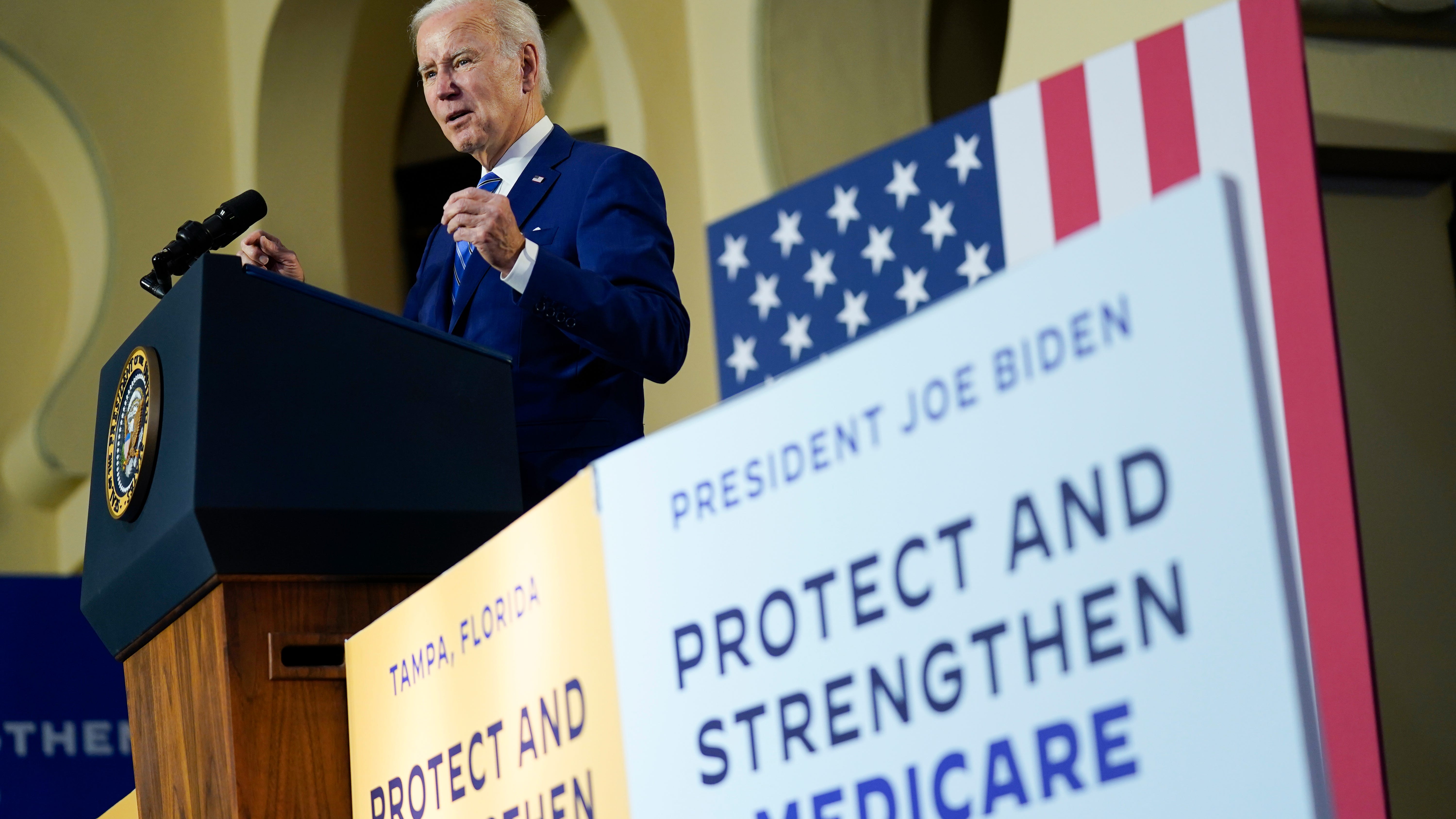 President Joe Biden speaks about his administration's plans to protect Social Security and Medicare and lower healthcare costs, Feb. 9, 2023, at the University of Tampa in Tampa, Florida.