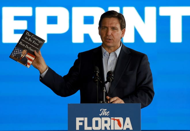 Florida Gov. Ron DeSantis speaks during an event spotlighting his newly released book, “The Courage To Be Free: Florida’s Blueprint For America’s Revival” in Pinellas Park, Florida on Thursday.