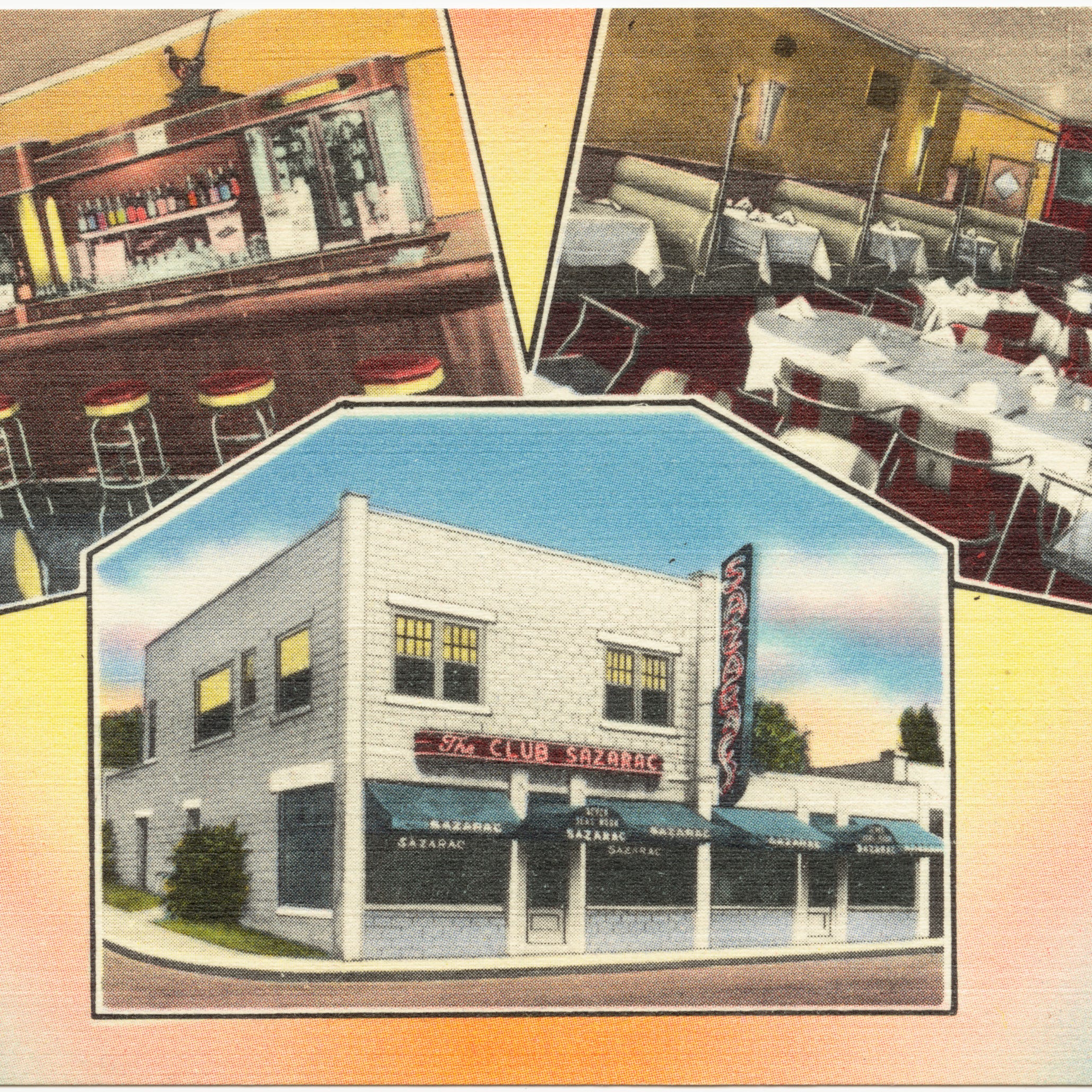 This undated public domain image shows a postcard featuring the Club Sazarac in Peoria. Its date is listed as "between circa 1930 and circa 1945." The source is the Boston Public Library Tichnor Brothers collection.