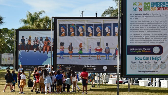 Embracing Our Differences displayed 50 billboard-sized works of art in Bayfront Park in Sarasota through March 12. Next the exhibit moves to North Port, beginning March 22. The organization offers free field trips for students in all grade levels through the school district.