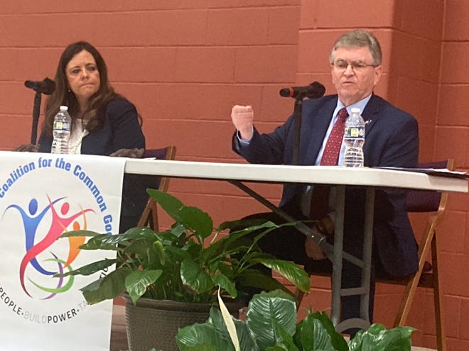 City Treasurer Misty Buscher and Mayor Jim Langfelder take part in a forum sponsored by the Faith Coalition For the Common Good at Union Baptist Church Thursday.