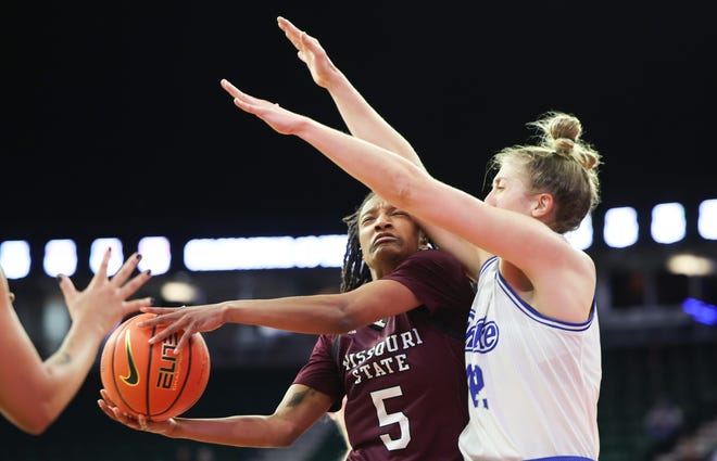 Missouri State Lady Bears guard Aniya Thomas as the Lady Bears take on the Drake Bulldogs in the second round of the Women's Missouri Valley Conference Tournament in Moline, Ill on Friday, March 10, 2023.