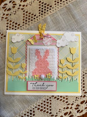 Pictured is the thank-you card Illinois grandmother Stacy Barkley mailed to her rescuer, Greg Spike. It features the bunny cross-stitch design Barkley was crafting at the time of the fire Spike helped her escape in Eugene, Oregon, on Feb. 28, 2023.