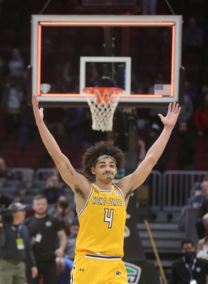 Kent's Chris Payton celebrates the Golden Flashes' 79-73 win over Akron in a MAC quarterfinal game on Friday, March 10, 2023 in Cleveland, Ohio, at Rocket Mortgage FieldHouse.