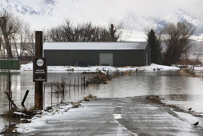 Flood water inundates a private property in the Carson Valley on March 11, 2023.