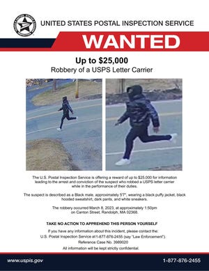 A wanted poster released by the U.S. Postal Inspection Service after a robbery in Randolph on Wednesday, March 8, 2023.