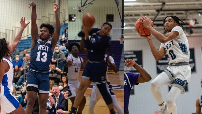 From left: Pocono Mountain West's Ethan Sakwa, Adrian Brito, and Julian "Juju" Pagan at various games throughout their high school varsity basketball careers. West has advanced to the Sweet 16 in the PIAA playoffs.